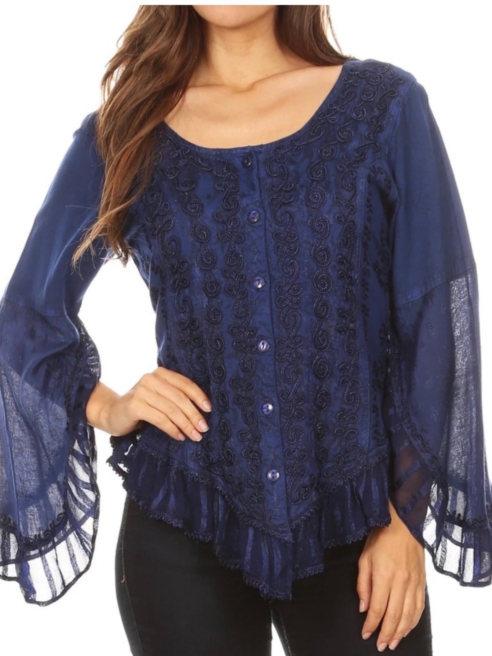 Sakkas Navy Blue Embroidered Boho Bell Sleeve Blouse Top Size Medium